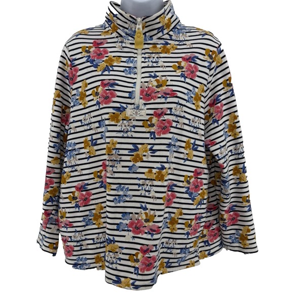 Joules Women's US 12 1/4 Zip Pullover Floral Stripe Sweatshirt Casual Coastal - Picture 2 of 10